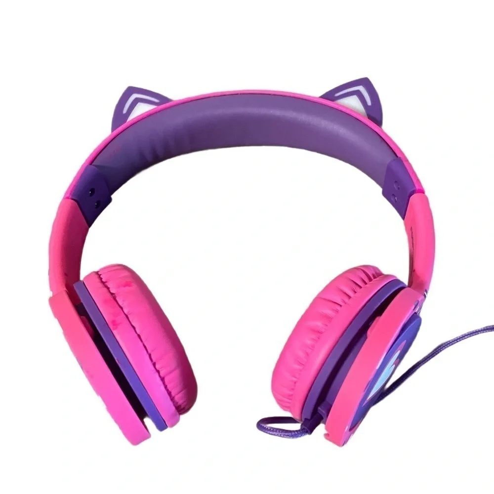 Kids Headphones LED Cat Ears On-Ear Wired Laced Tangle-Free Cables Girls Travel